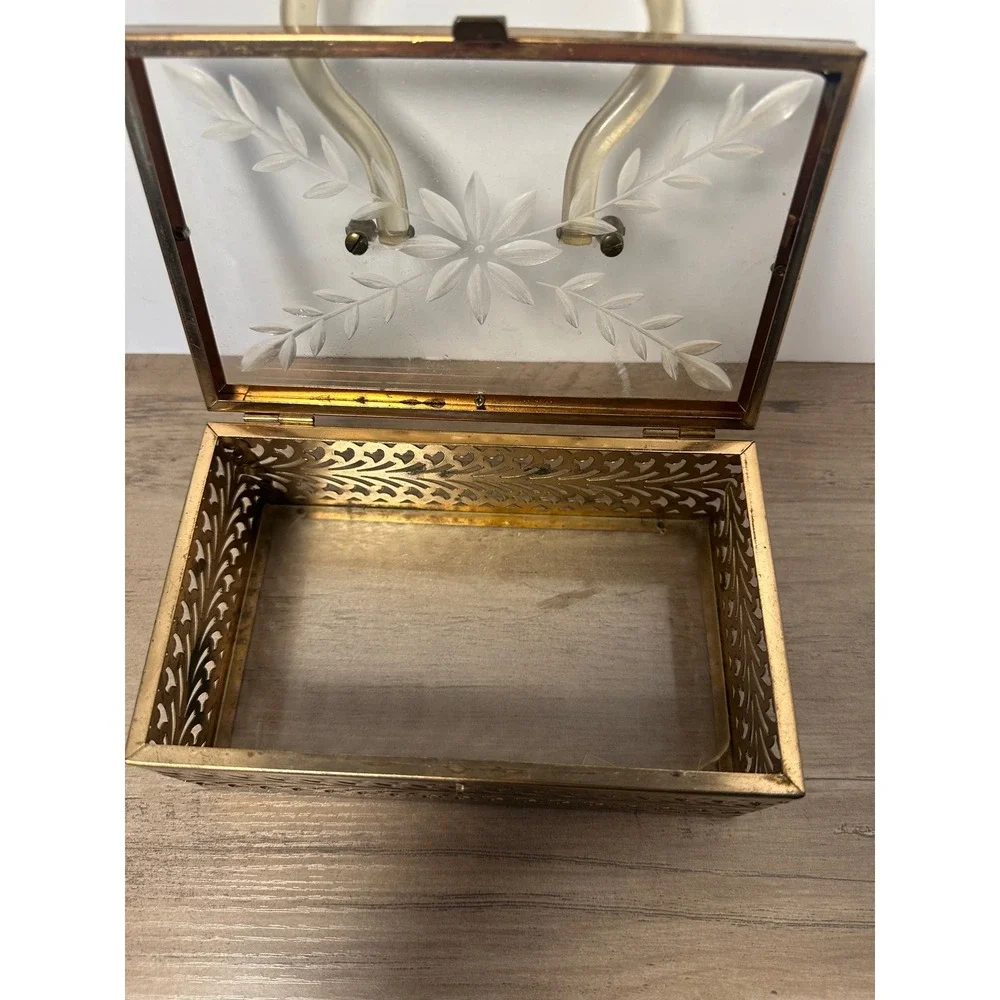 Vintage Metal‎ Filigree Vanity Box Case Rectangular Lucite Handle Purse READ